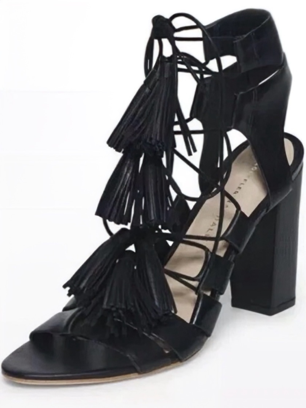 Loeffler Randall ‘Luz’ Black Leather Lace-Up Tassel Accented Block Heels Sz 5.5